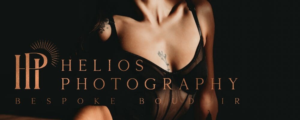 Helios Photography boudoir banner featuring logo, tagline "Bespoke Boudoir," and a woman in lingerie with dramatic lighting.